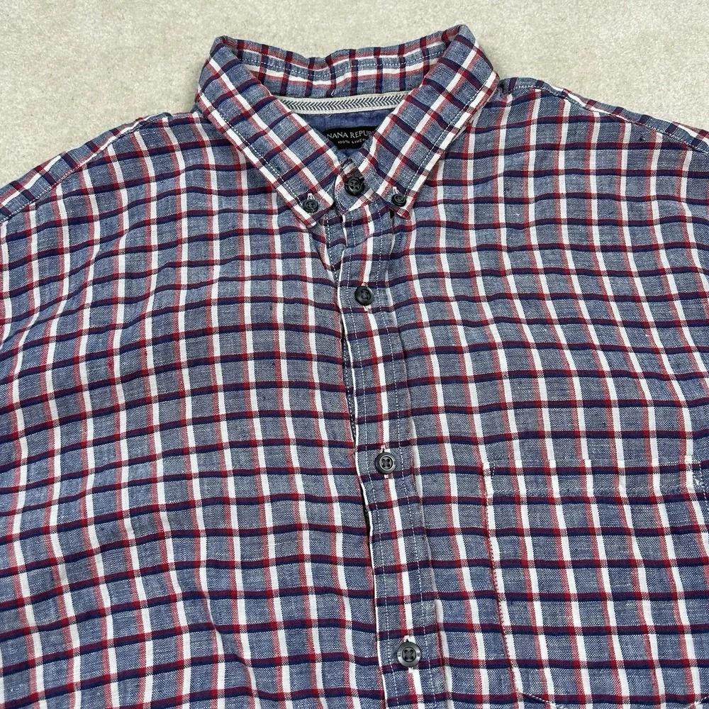 Banana Republic Shirt Mens Large Camden Fit 100% Linen Button Up Plaid